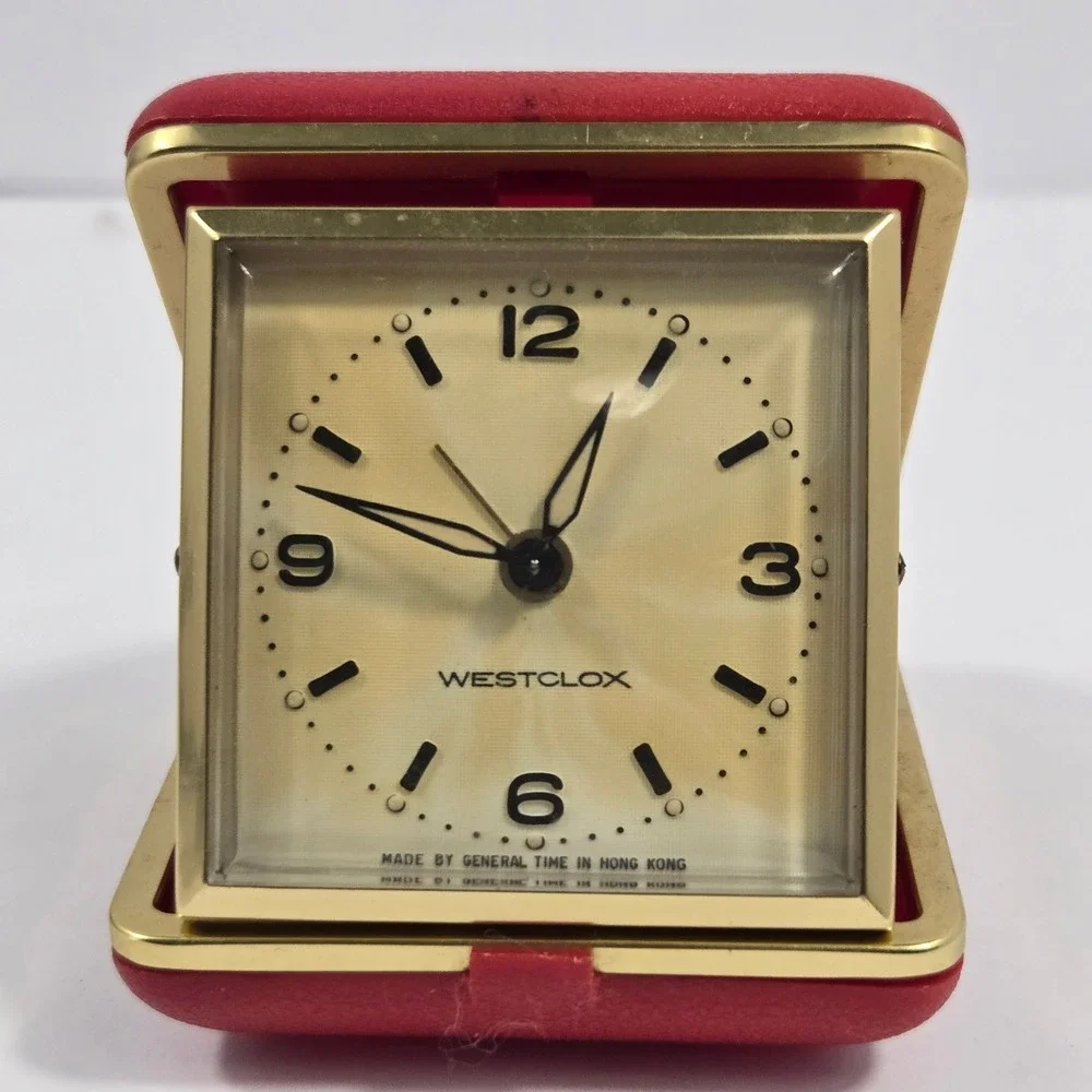 Vintage Westclox Travel Alarm Clock Red Folding Case General Time Hong Kong